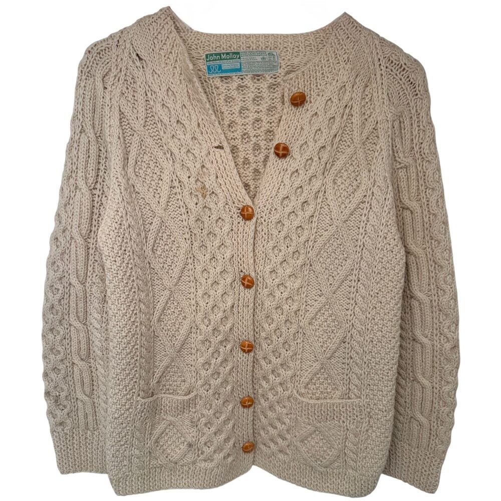 John Molloy Vintage Irish Wool Cardigan L Beige Cable Knit Cottagecore Sweater